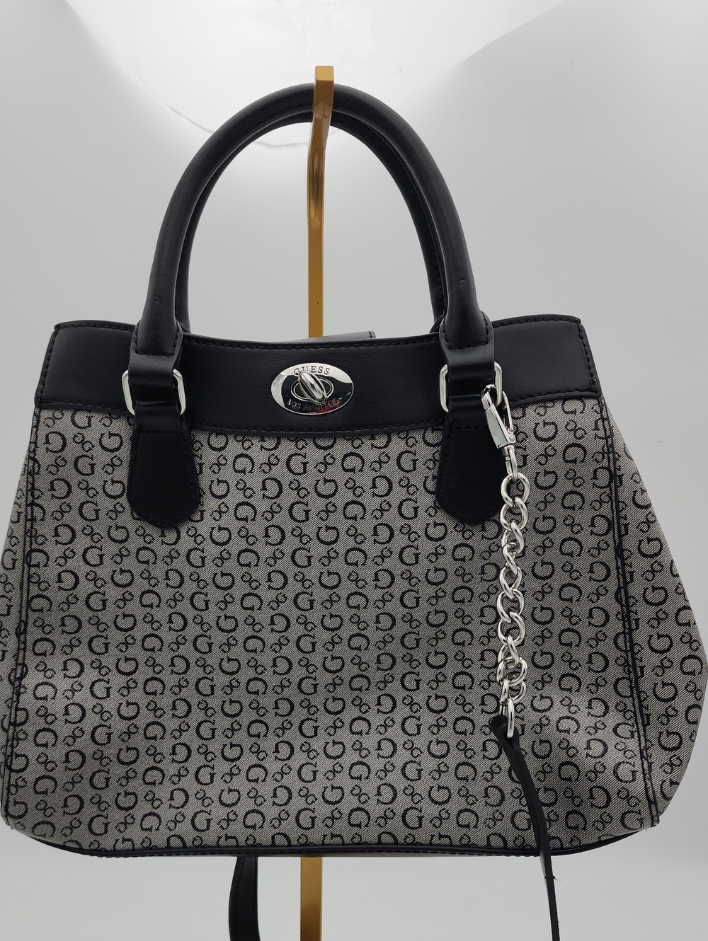 Guess Black & Gray Signature Satchel with Chain Charm